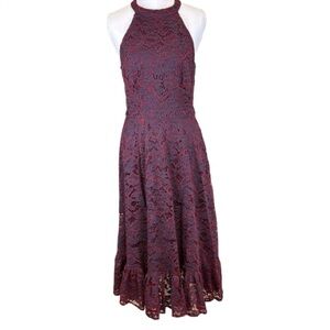 ModCloth A Night Like This Halter Dress Lace Navy Red Open Back NEW